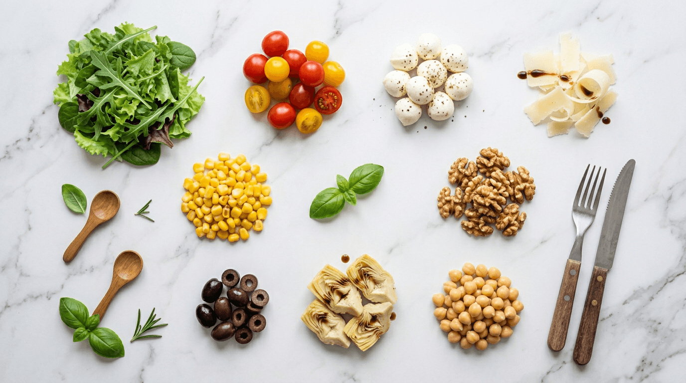 Ingredienti freschi di stagione: insalata, pomodorini, mozzarella, noci, mais, carciofi, olive e ceci